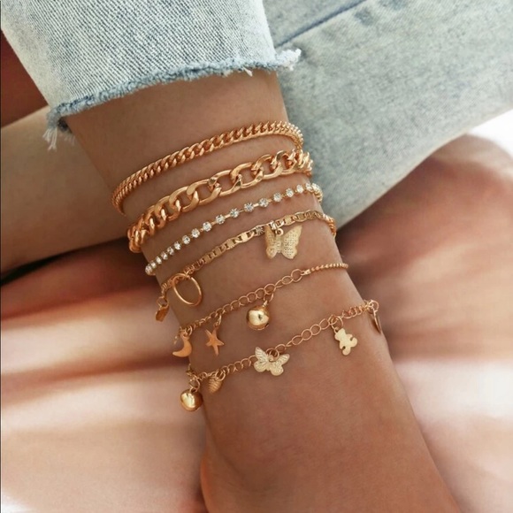 Jewelry - {6 PCS} ankle buttery fashion anklets {color gold}